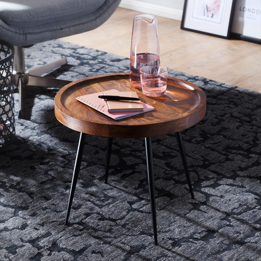 FineBuy Beistelltisch rund 46x40x46 cm Sheesham massiv Holz Metall Couchtisch, Industrial Style Echtholz Holztisch, Sofatisch Metallbeine, Anstelltisc