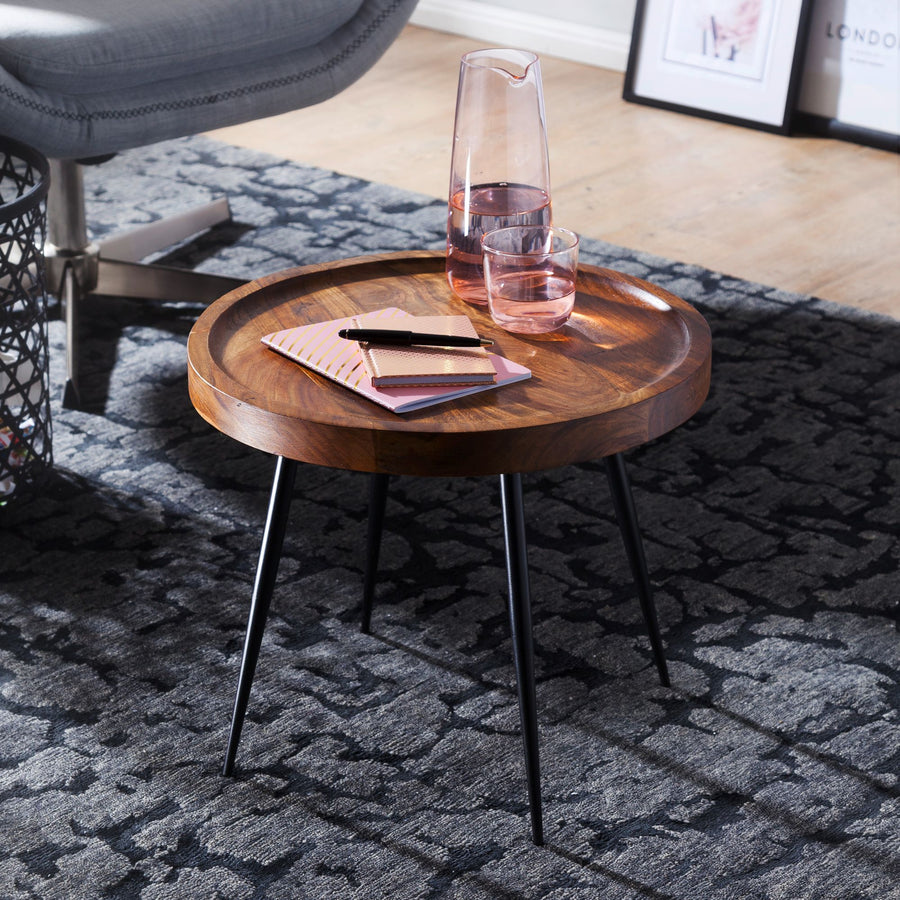 FineBuy Beistelltisch rund 46x40x46 cm Sheesham massiv Holz Metall Couchtisch, Industrial Style Echtholz Holztisch, Sofatisch Metallbeine, Anstelltisc