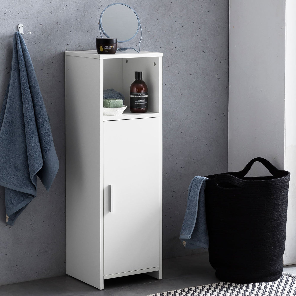 FineBuy Badschrank 30 x 95,5 x 30 cm Weiß Holz mit Tür und Ablagefach, Kleiner Bad-Schrank Beistellschrank Stehend, Badregal Schmal Freistehend Badezi