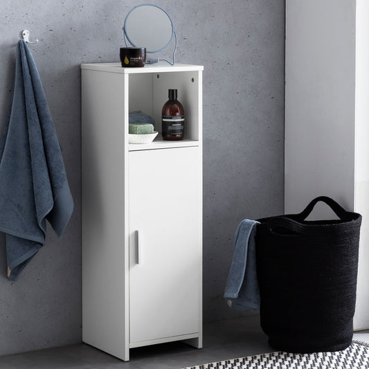 FineBuy Badschrank 30 x 95,5 x 30 cm Weiß Holz mit Tür und Ablagefach, Kleiner Bad-Schrank Beistellschrank Stehend, Badregal Schmal Freistehend Badezi