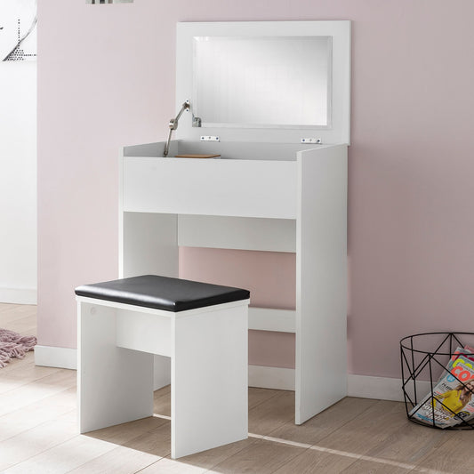 FineBuy Schminktisch FB51641 60x81x40 cm Weiß Konsolentisch Holz Modern, Kosmetiktisch mit Hocker und Spiegel, Weißer Frisiertisch mit Klappfach, Mode