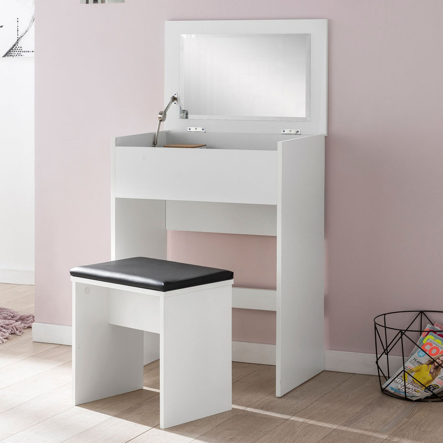FineBuy Schminktisch FB51641 60x81x40 cm Weiß Konsolentisch Holz Modern, Kosmetiktisch mit Hocker und Spiegel, Weißer Frisiertisch mit Klappfach, Mode