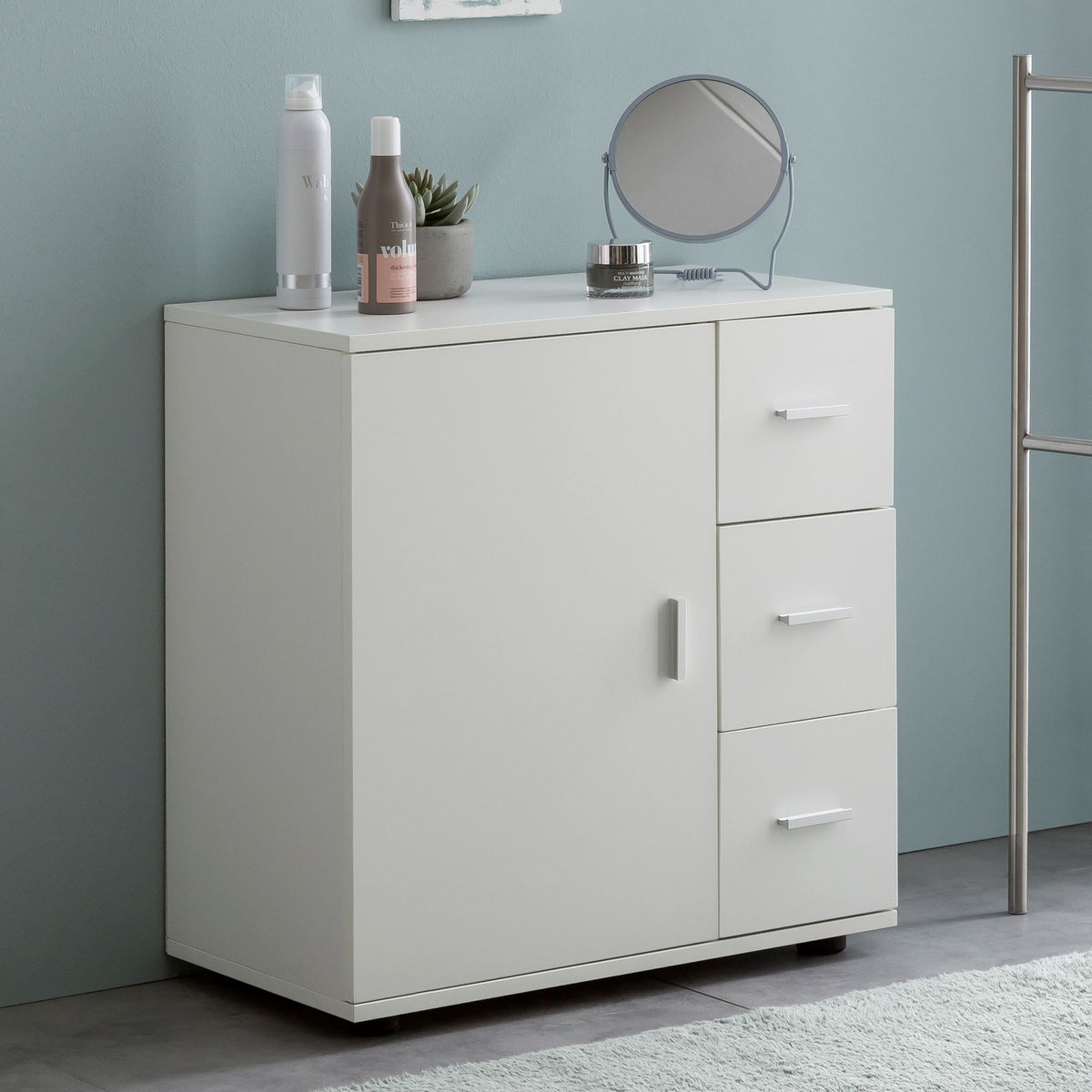 FineBuy Badschrank Weiß 60cm Midi-Schrank mit Tür & Schubladen, Kleiner Beistellschrank Matt, Badregal Schmal Freistehend Badezimmerkommode, Badmöbel 