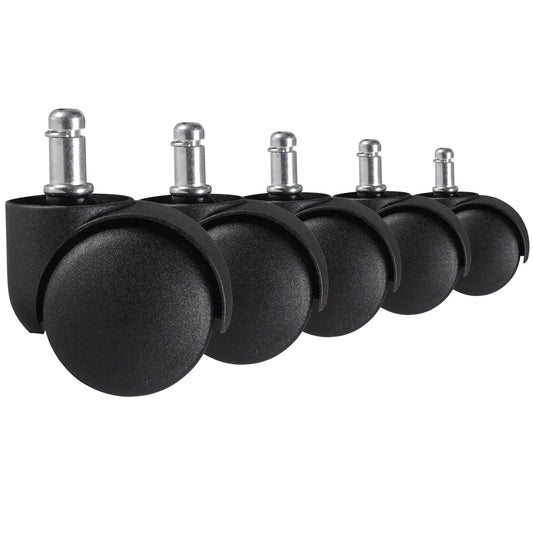 FineBuy 5er Set gebremste Weichboden-Rollen für Bürostuhl 11 mm Stift / Durchmesser 50 mm, Premium Teppichrollen in Schwarz, Dreh-stuhlrollen für weic
