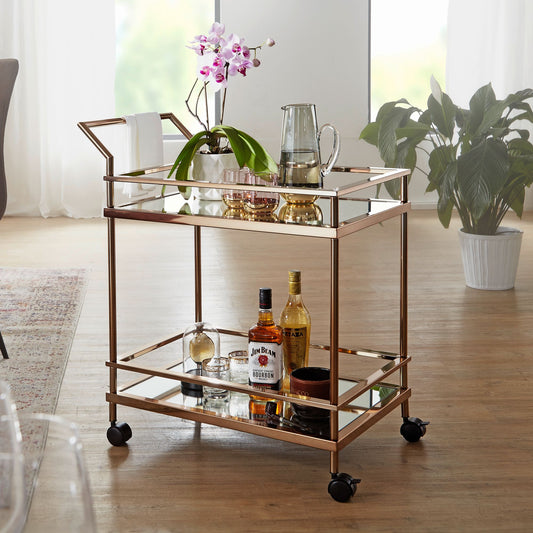 FineBuy Design Servierwagen Dunkles Gold 2 Ebenen mit Bremsen, Beistelltisch auf Rollen, Speisewagen mit Glasplatte, Küchenwagen, Teewagen