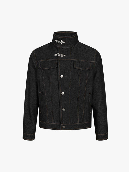 Stand Collar Clasp Detail Denim Jacket - Black / S