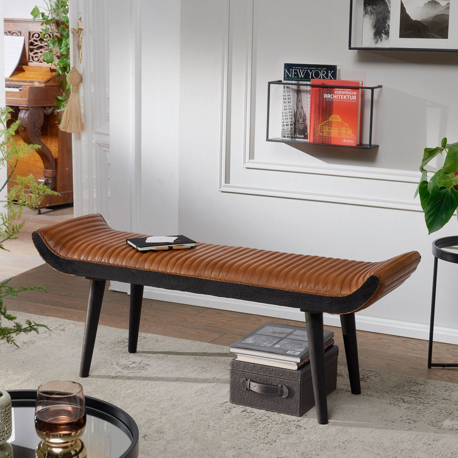 FineBuy gepolsterte Sitzbank 125 cm Massivholz Echtleder Braun - Retro Polsterbank für Garderobe Schlafzimmer & Wohnzimmer - Garderobenbank Eingangsbe