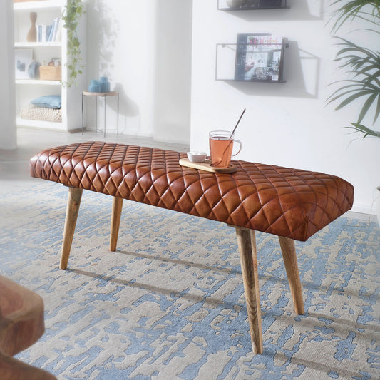 FineBuy gepolsterte Sitzbank 115 cm Massivholz Echtleder Braun - Retro Polsterbank für Garderobe Schlafzimmer & Wohnzimmer - Garderobenbank Eingangsbe