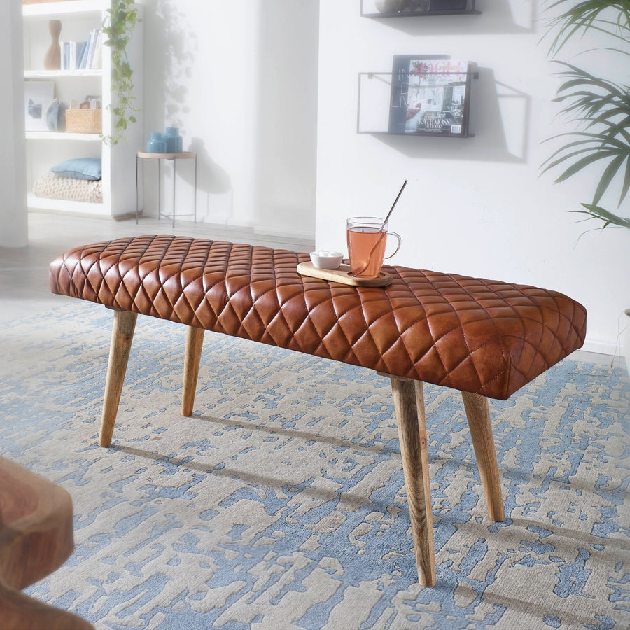 FineBuy gepolsterte Sitzbank 115 cm Massivholz Echtleder Braun - Retro Polsterbank für Garderobe Schlafzimmer & Wohnzimmer - Garderobenbank Eingangsbe