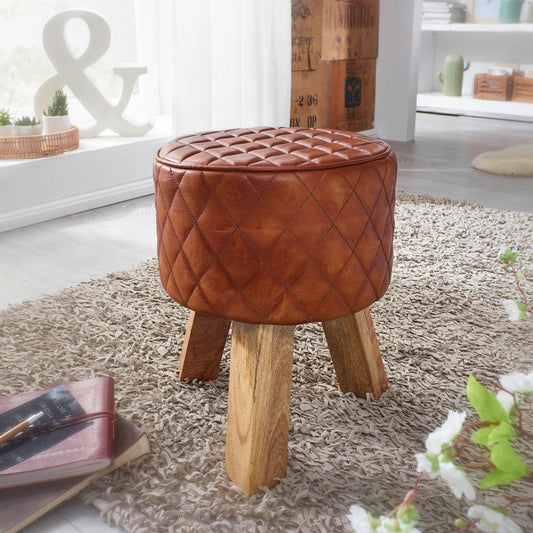 FineBuy Sitzhocker Echtleder / Massivholz 35x46x35 cm Modern Fußhocker Rund, Turnbock Lederhocker Braun, Kleiner Hocker Gepolstert, Holzhocker mit Led