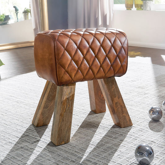 FineBuy Sitzhocker Echtleder / Massivholz 40x48x27 cm Modern Fußhocker, Turnbock Lederhocker Braun, Kleiner Hocker Gepolstert, Holzhocker mit Leder-Be