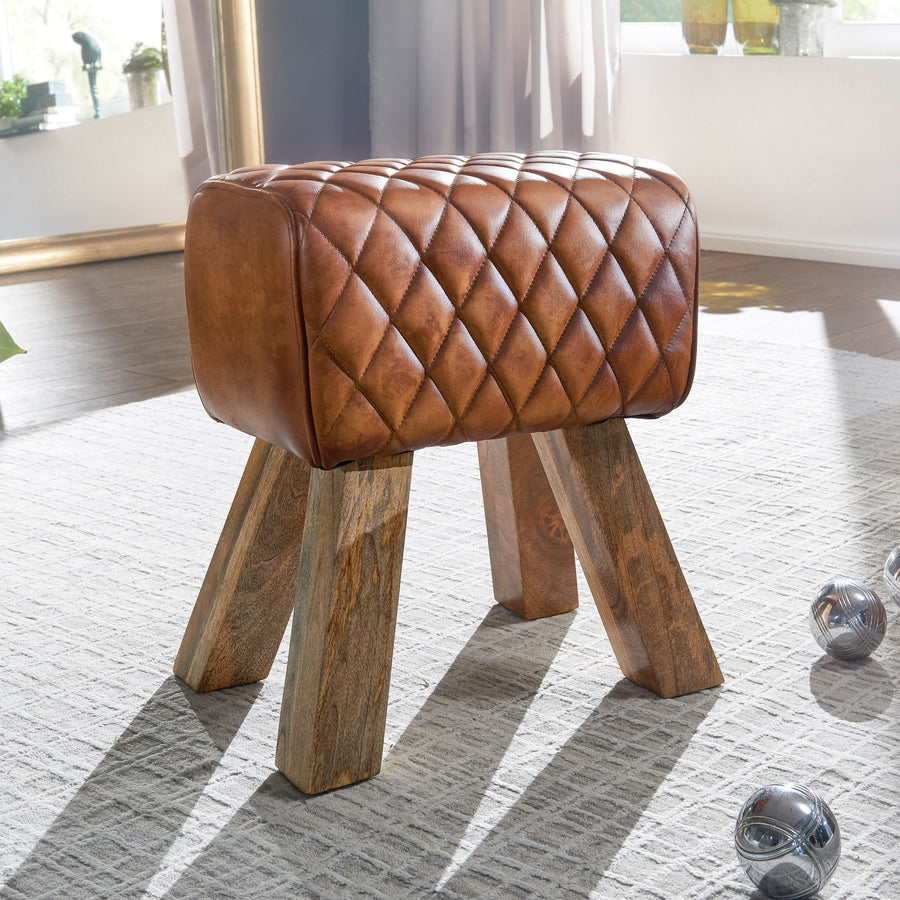 FineBuy Sitzhocker Echtleder / Massivholz 40x48x27 cm Modern Fußhocker, Turnbock Lederhocker Braun, Kleiner Hocker Gepolstert, Holzhocker mit Leder-Be