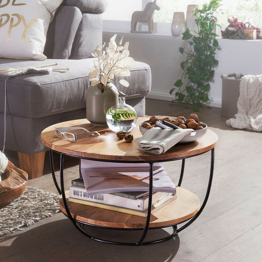 FineBuy Couchtisch Akazie Massivholz rund 60 cm · Wohnzimmertisch mit Ablage · Handgefertigt · Metallgestell in Schwarz · Moderner Industrial Design S