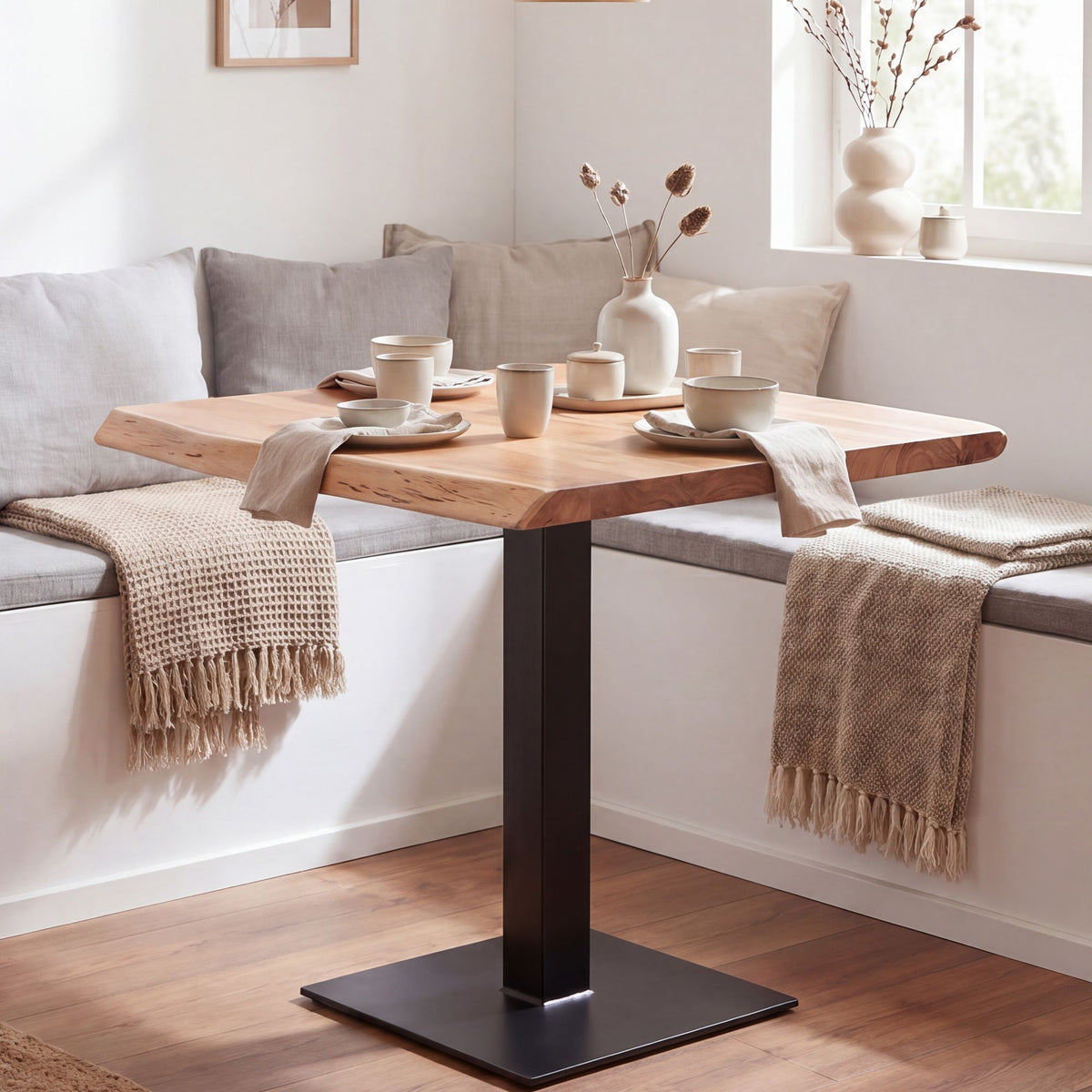 FineBuy Esszimmertisch quadratisch 80cm Massivholz Akazie Baumkante - Industrial Esstisch Baumstamm Massiv Echtholz - Küchentisch - Baumkantentisch Bi