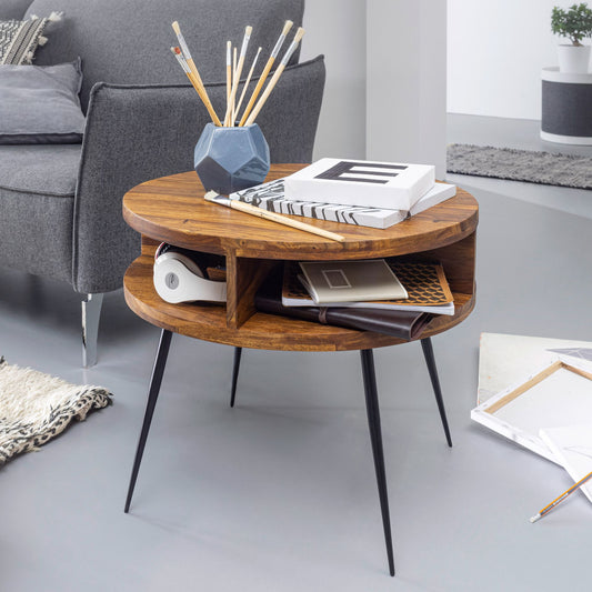 FineBuy Couchtisch Sheesham Massivholz rund Ø 60 cm – Wohnzimmertisch mit offener Ablage & schwarzen Metallbeinen | Design Tisch handgefertigt im mode