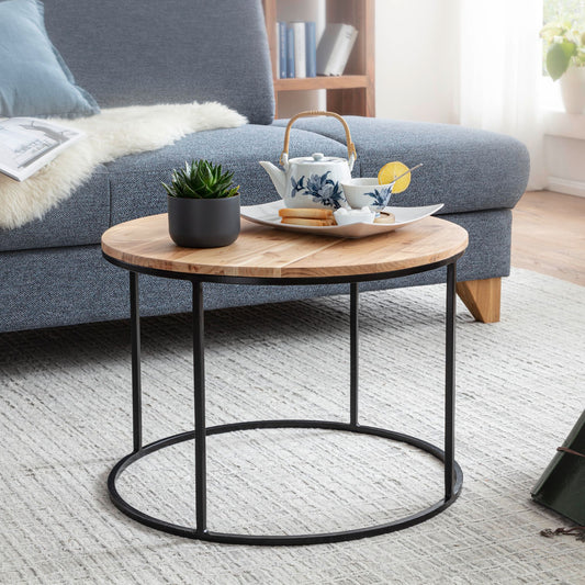 FineBuy Couchtisch Akazie Massivholz rund 60 cm · Wohnzimmertisch mit schwarzem Metallgestell · Handgefertigt · Natur Holz Tisch im modernen Industria