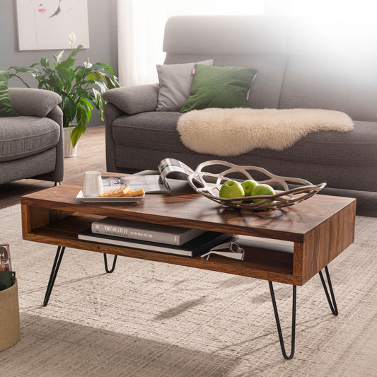 FineBuy Couchtisch Sheesham Massivholz 100 cm – Wohnzimmertisch rechteckig mit Ablage im Industrial Design | Handgefertigter Holztisch auf schwarzen H