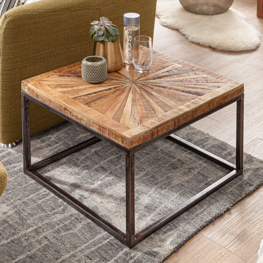 FineBuy Couchtisch Mango Massivholz quadratisch 55x55 cm · Wohnzimmertisch mit Sternmuster Tischplatte · Massivholztisch mit Metallgestell im Industri