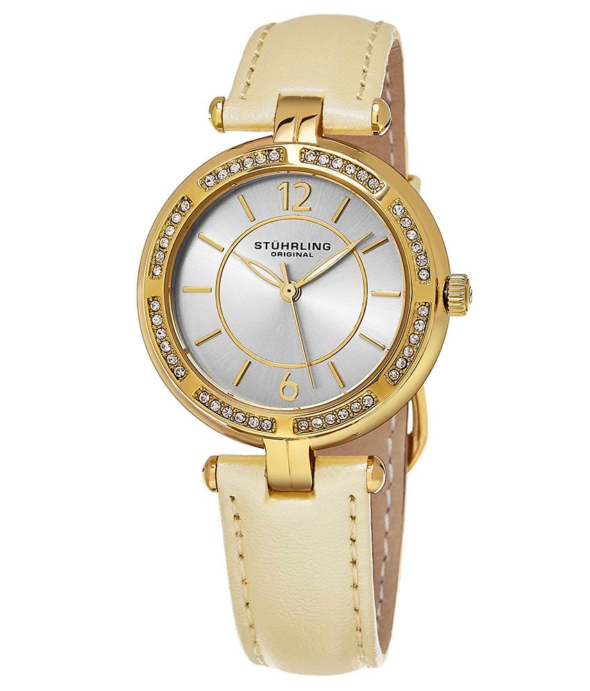 Stührling Serena 550 Quartz 33mm Fashion - Silver Dial / Gold Case / Beige Leather Strap Tang Buckle