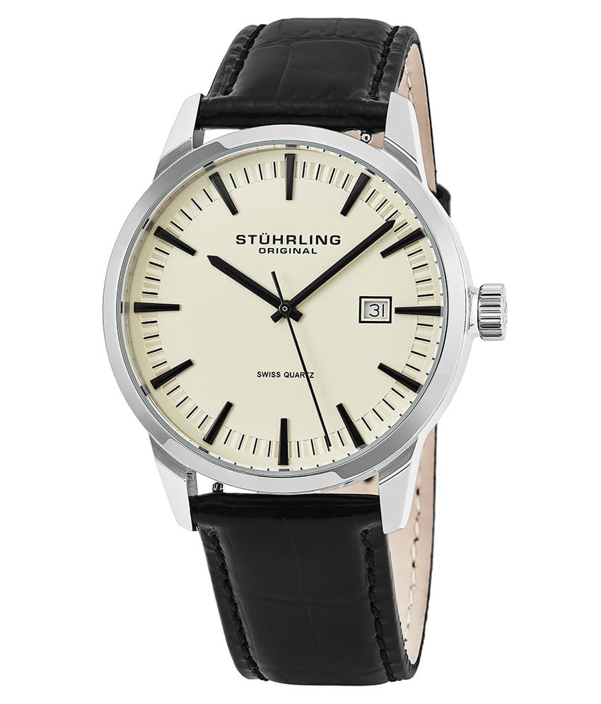 Stührling Ascot 555A Quartz 42mm Classic - Ivory Dial / Silver Case / Black Leather Interchangeable Strap Tang Buckle