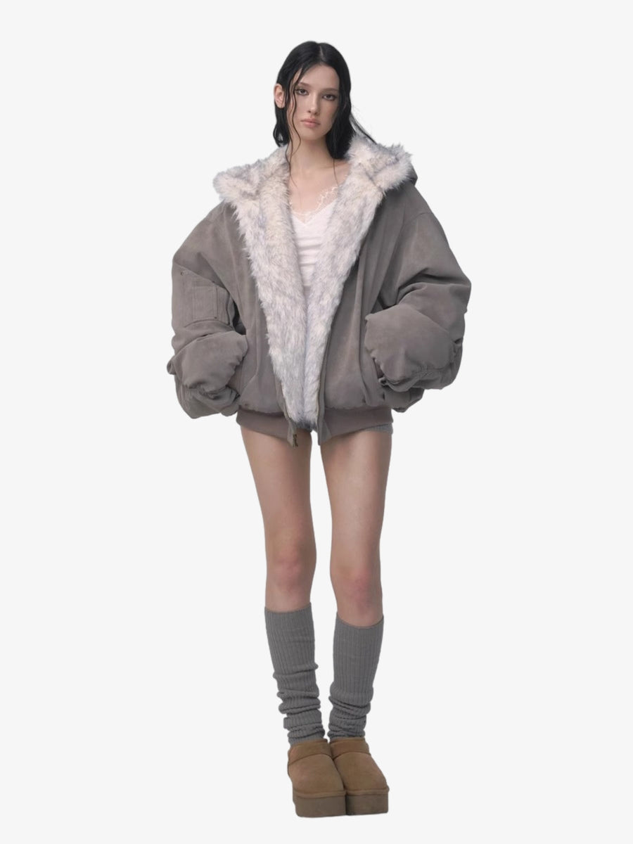Oversized Reversible Fur Hooded Jacket - 2544 - Gray / S