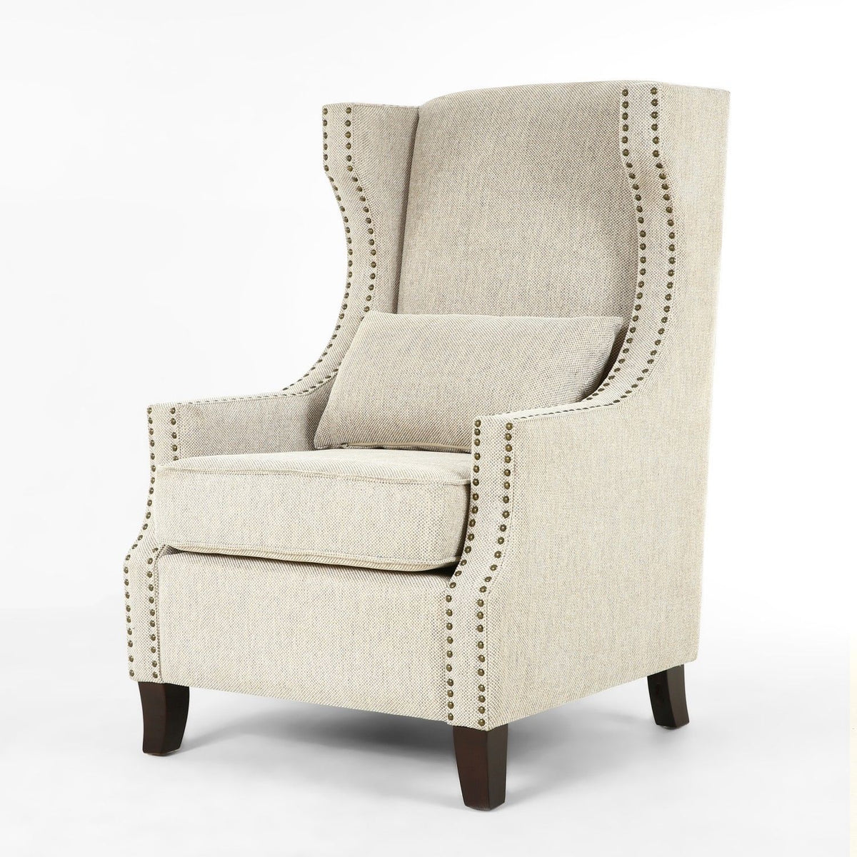 Harris Fabric Tweed Studded Armchair Brown Wooden Legs