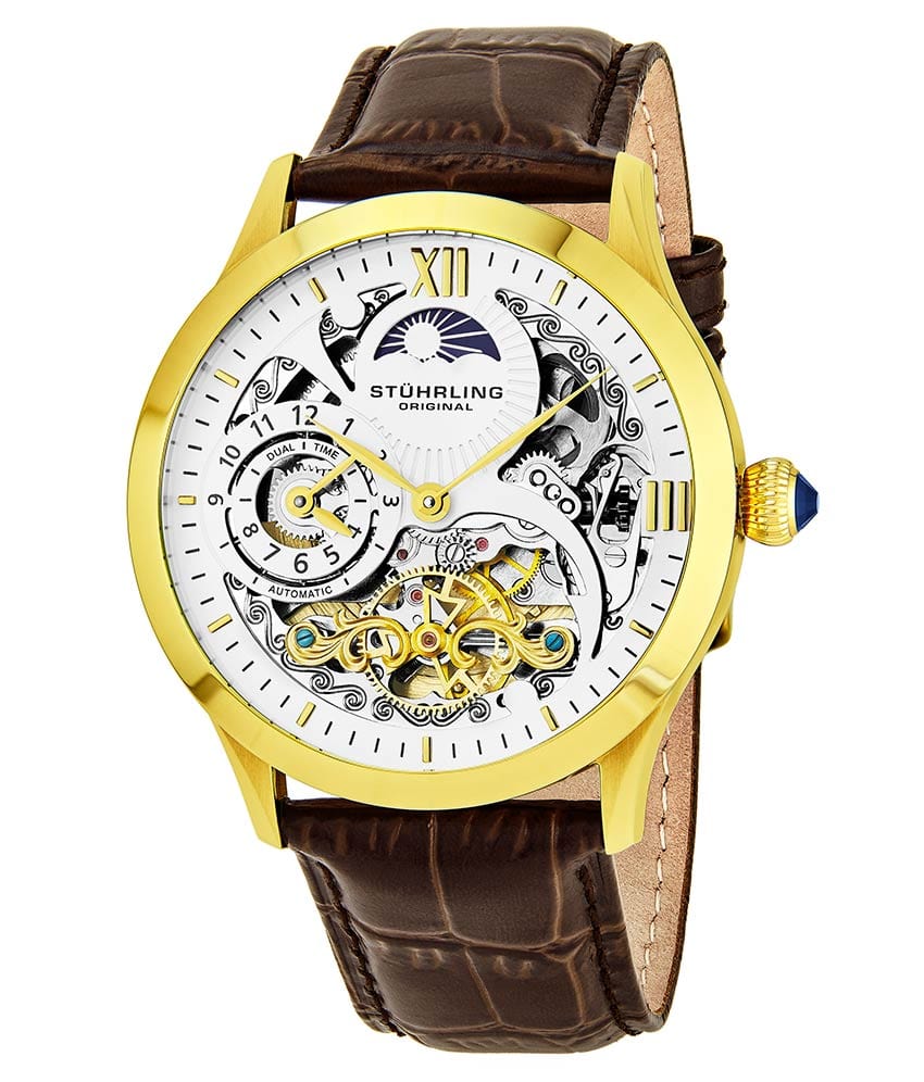 Stührling Special Reserve 571 Automatic 44mm Skeleton - White Dial / Gold Case / Brown Leather Strap Yellow Gold Layered Tang Buckle