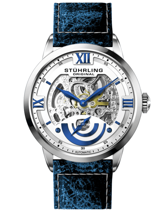 Legacy 574B Automatic 44mm Skeleton - Silver Dial / Silver Case / Blue Leather Strap Tang Buckle