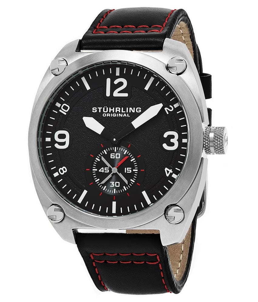 Stührling Tuskegee 581 Quartz 45mm Aviator - Black Dial / Silver Case / Black Leather Strap Tang Buckle