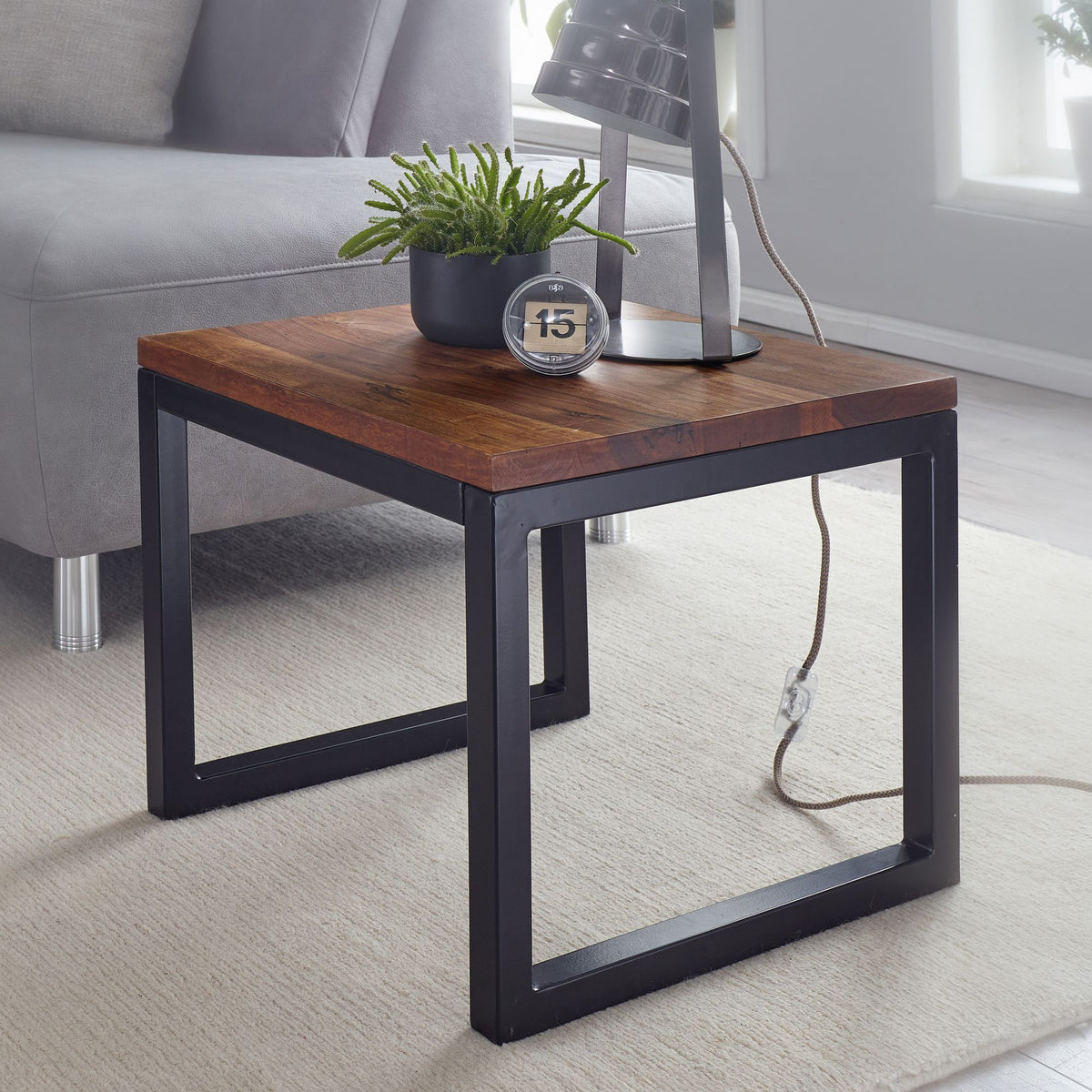 FineBuy Beistelltisch 45x40x45 cm Sheesham Massivholz / Metall Wohnzimmertisch, Industrial Style Designer Holztisch, Tisch Wohnzimmer, Kleiner Couchti