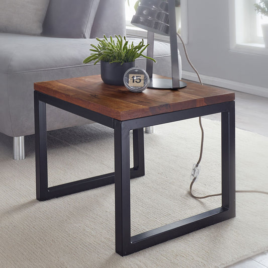 FineBuy Beistelltisch 45x40x45 cm Sheesham Massivholz / Metall Wohnzimmertisch, Industrial Style Designer Holztisch, Tisch Wohnzimmer, Kleiner Couchti