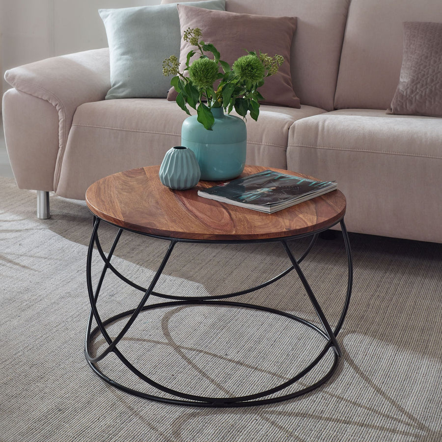 FineBuy Couchtisch Sheesham Massivholz / Metall 60 x 40 x 60 cm, Wohnzimmertisch Rund Massiv Braun, Sofatisch Modern Holztisch, Tisch Wohnzimmer Indus