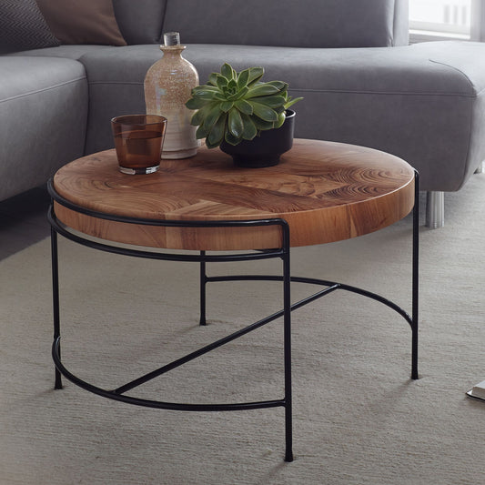 FineBuy Couchtisch Akazie Massivholz rund 62 cm mit Metallgestell · Kleiner Wohnzimmertisch im Baumscheiben Design · Handgefertigt · Industrial & Natu