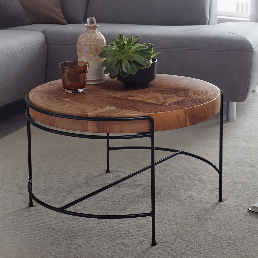 FineBuy Couchtisch Akazie Massivholz rund 62 cm mit Metallgestell · Kleiner Wohnzimmertisch im Baumscheiben Design · Handgefertigt · Industrial & Natu