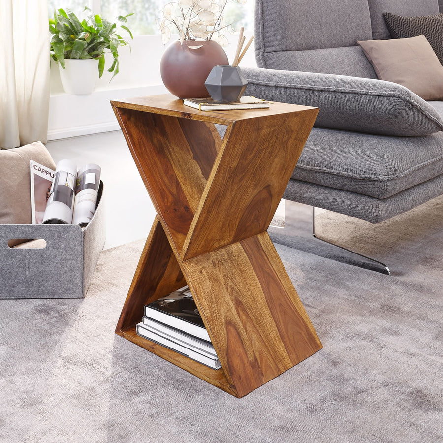 FineBuy Beistelltisch X-Form 43x60x30 cm Sheesham Massivholz Anstelltisch, Tisch Wohnzimmer Massiv, Kleiner Wohnzimmertisch Echtholz, Sofatisch mit Ab