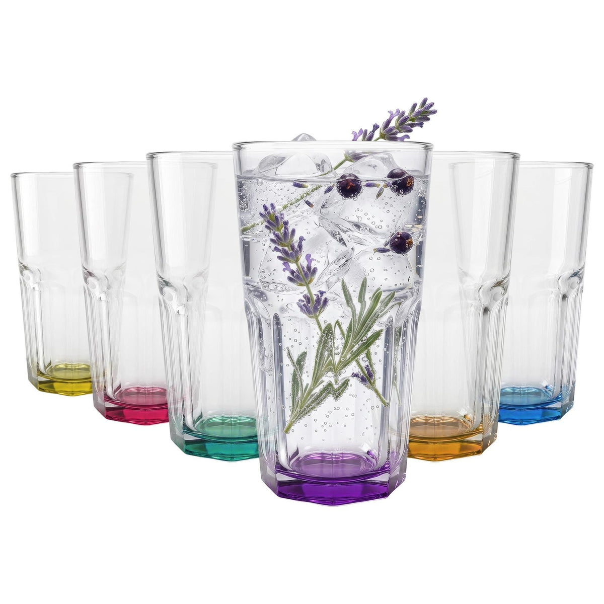 400ml Panelled Highball Glasses with Coloured Base - Pack of Six