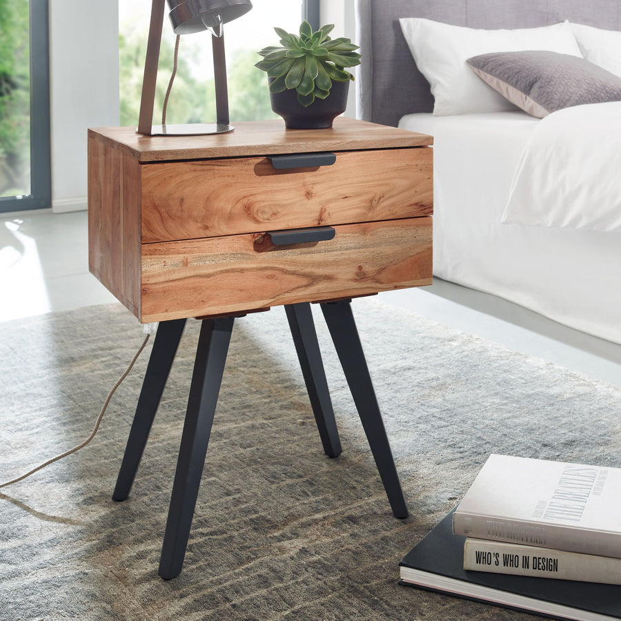 FineBuy Nachtkästchen Akazie Massivholz – Nachttisch mit 2 Schubladen & schwarzen Metallbeinen, Nachtkommode für Boxspringbett, Industrial Design & ha