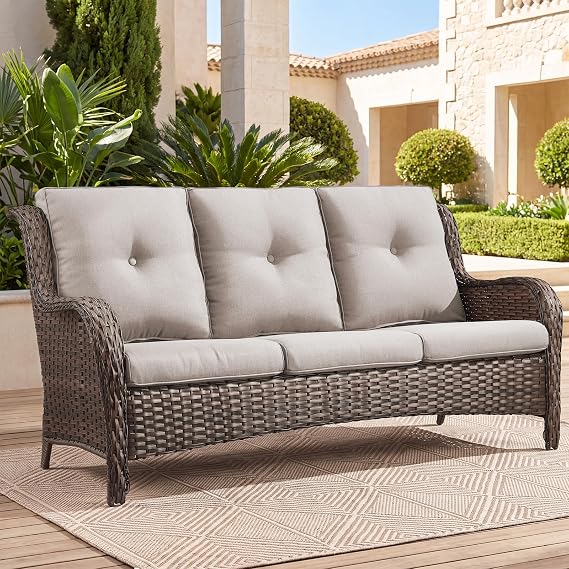 Outdoor Patio Furniture Wicker 3-Seater Sofa, NTC Series - Brown Wicker / Beige Cushion