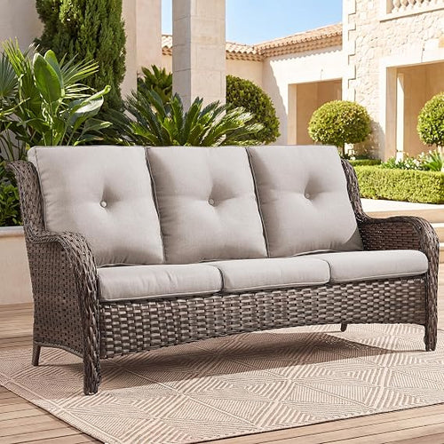 Outdoor Patio Furniture Wicker 3-Seater Sofa, NTC Series - Brown Wicker / Beige Cushion