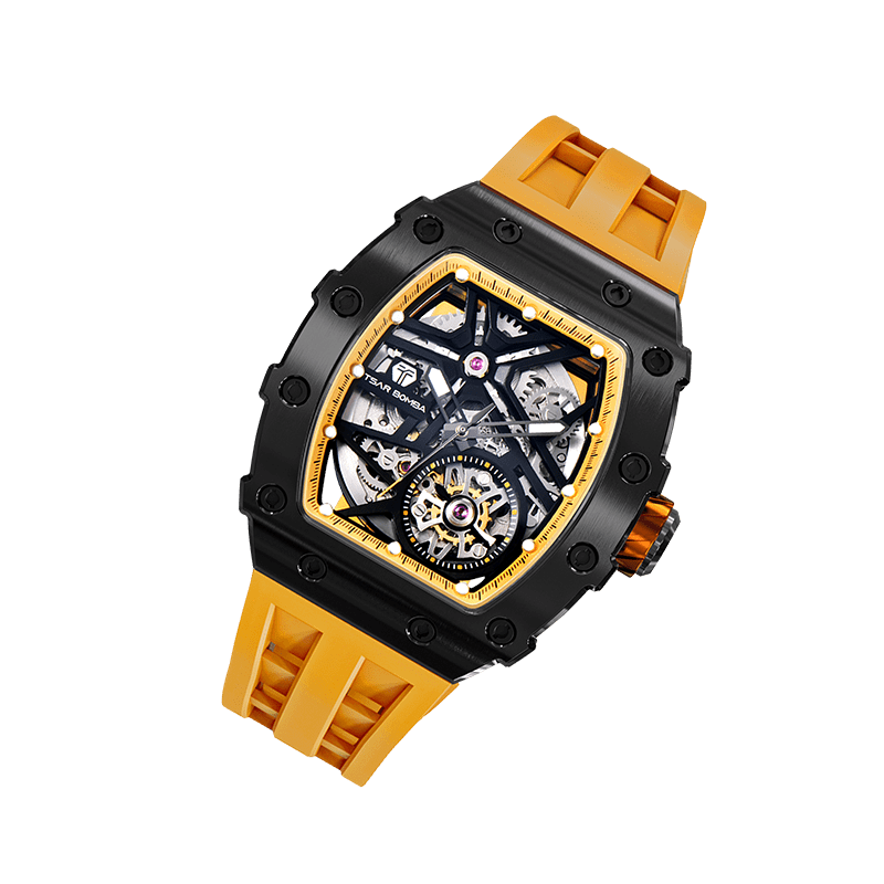 TSAR BOMBA Elemental TB8209A Edelstahl Automatik Tonneau Unique masculino Uhr-Edelstahl Gehäuse-Tourbillon Visible at 5 O'Clock-Silber yellow