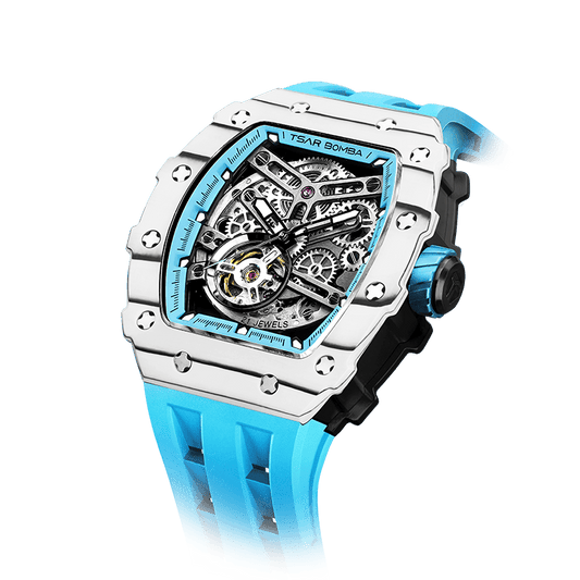 TSAR BOMBA men watch – Automatische Herrenuhr mit sportlichem Carbonfaser-Design, wasserdicht, langlebig und stilvoll Weißblau