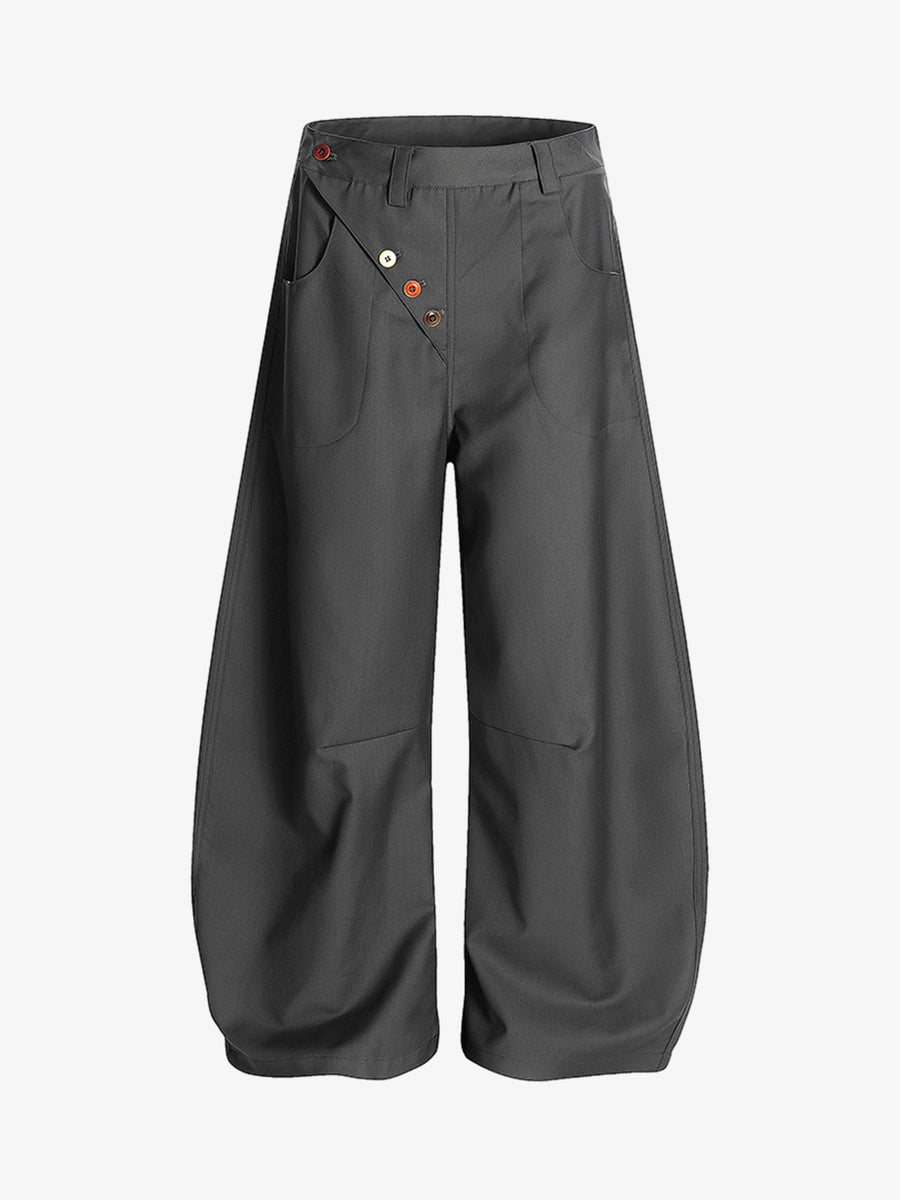 Adjustable Side Buttons Barrel Pants - Gray / S