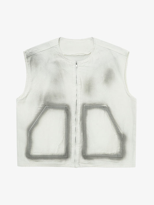 Washed Workwear Zip-Up Denim Vest - White / M