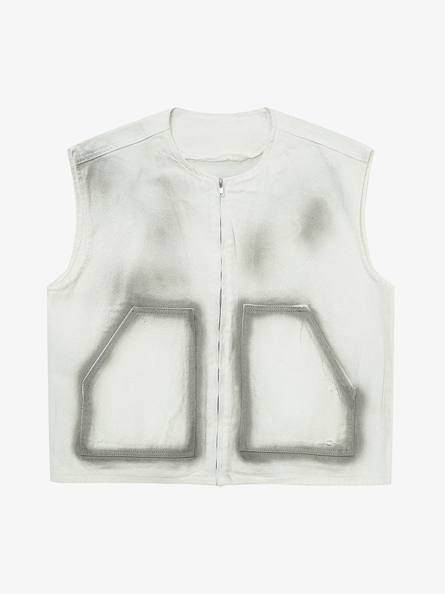 Washed Workwear Zip-Up Denim Vest - White / M