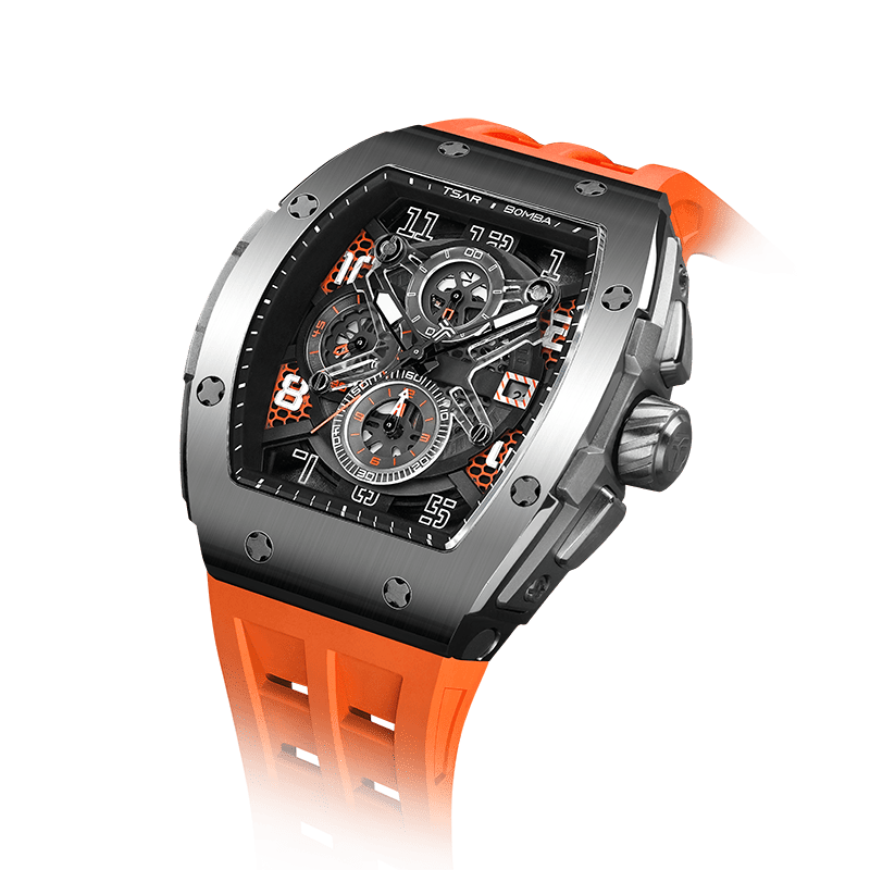 schwarze Uhr TSAR BOMBA men watch Chronograph-Quarzuhr für Herren im tonneauförmigen Business-Design mit wasserdichtem Gehäuse Silberorange