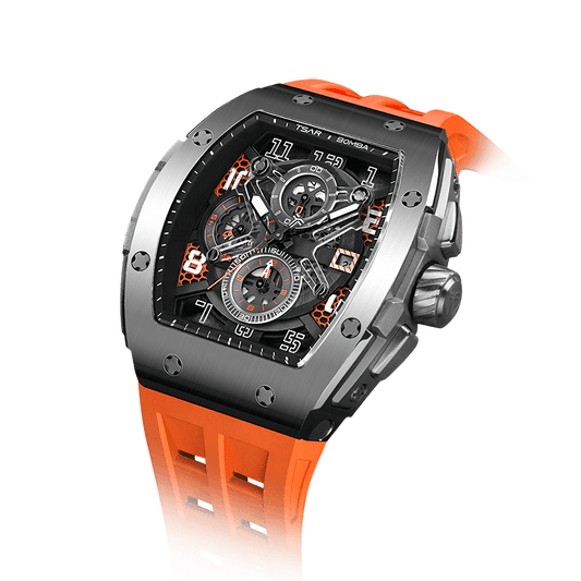 schwarze Uhr TSAR BOMBA men watch Chronograph-Quarzuhr für Herren im tonneauförmigen Business-Design mit wasserdichtem Gehäuse Silberorange
