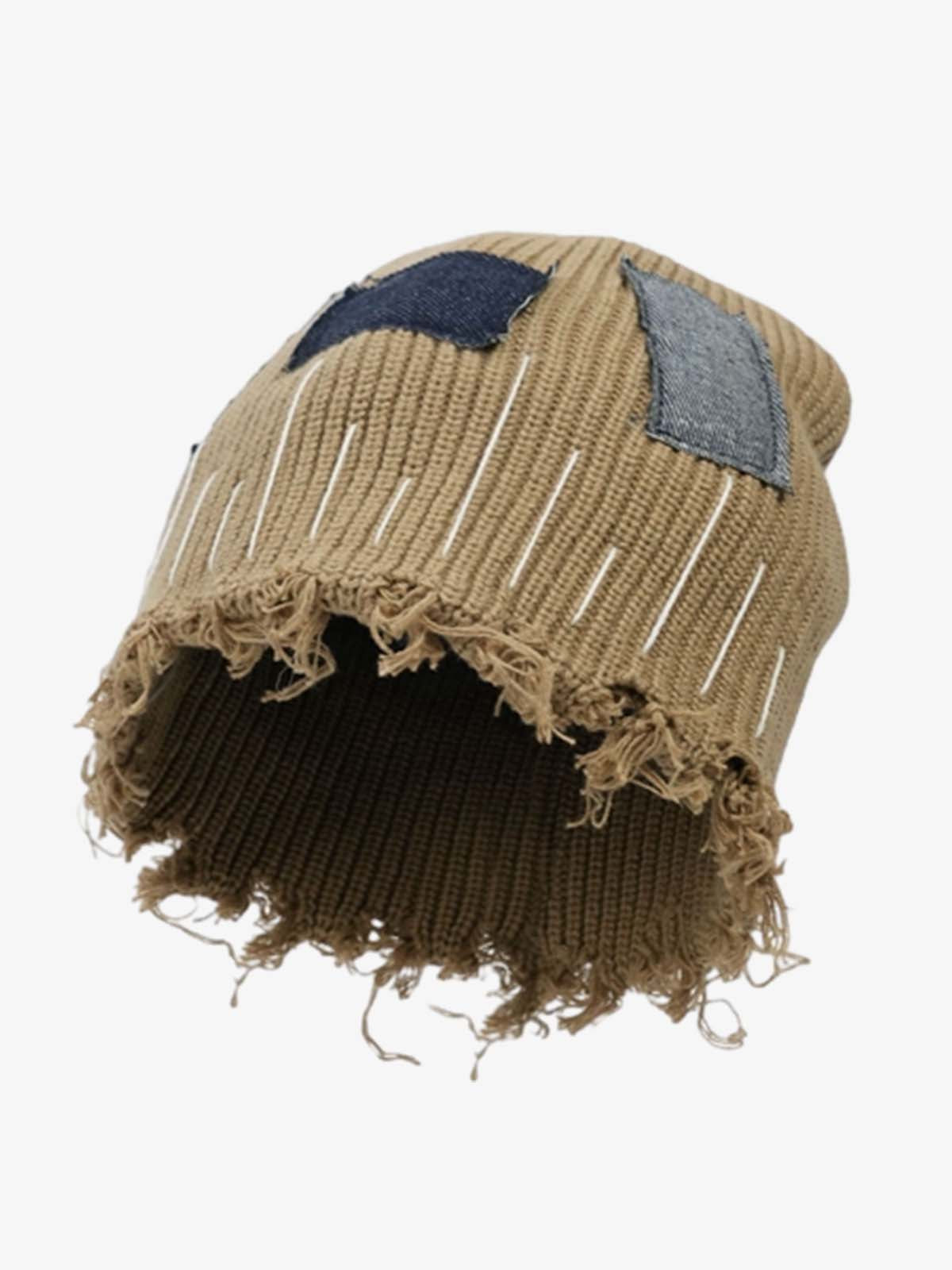 Distressed Denim Patchwork Beanie - Khaki / ONE SIZE