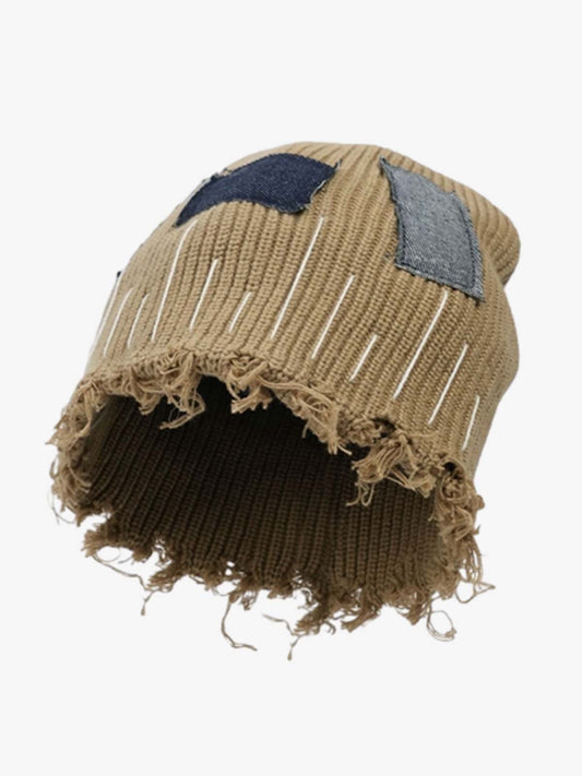 Distressed Denim Patchwork Beanie - Khaki / ONE SIZE