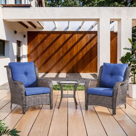 3 Piece Outdoor Furniture Set Patio Chairs with Side Table, NTC Series - Mixed Grey Wicker / Blue Cushion