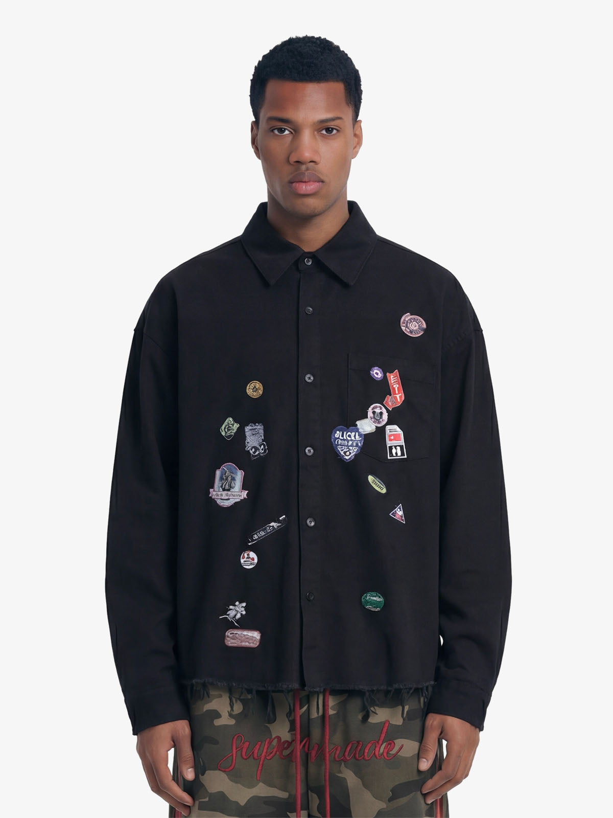 Fun Distressed Raw-Edge Printed Long-Sleeved Shirt - Black / S